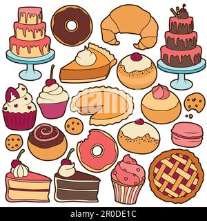 Collection of colorful cartoon illustrations of various desserts and treats. Isolated hand drawn vectors. Stock Vector