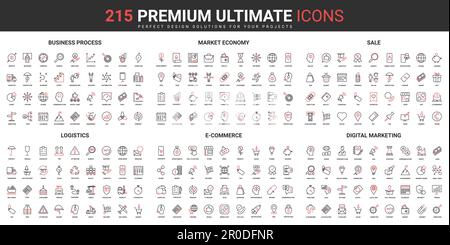 Business processes for company development thin line red black icons set vector illustration. Abstract symbols market economy, digital marketing for sales, logistics simple design for mobile, web apps Stock Vector