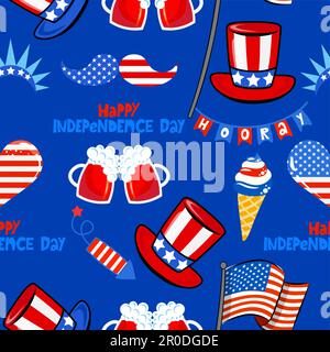 Happy Independence Day pattern with USA symbols - funny drawing seamless pattern. wallpaper, wrapping paper. Happy Independence Day. Red, white and bl Stock Vector