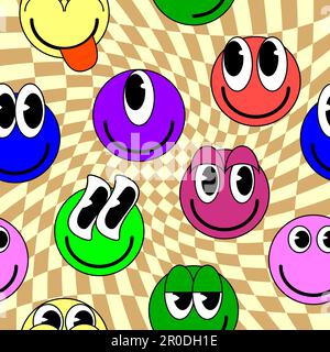 Smiley faces stickers, trippy seamless pattern. Retro trendy check distortion background Stock Vector