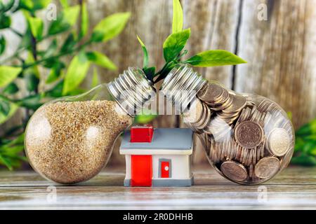 Coins inside the light bulb, plant growing inside the light bulb and miniature house. Green eco renewable energy concept. Electricity prices, energy s Stock Photo