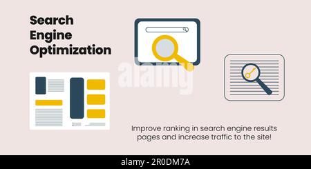 Search Engine Optimization Banner on Light Background. Stylish SEO Banner with Black Text and Colored Icons for Business and Marketing Stock Vector