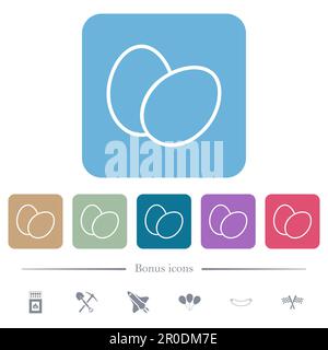 Two eggs outline white flat icons on color rounded square backgrounds. 6 bonus icons included Stock Vector