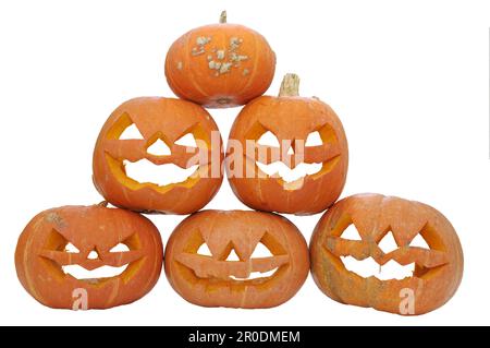 Group of ripe red pumpkins lanterns masks isolated on white background Stock Photo