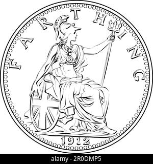 Vector money coin British farthing, Britannia on reverse. Black and white Stock Vector