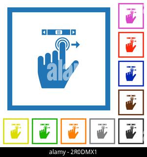 left handed scroll right gesture flat color icons in square frames on white background Stock Vector