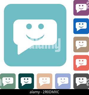 Rounded square smiling chat bubble solid white flat icons on color rounded square backgrounds Stock Vector