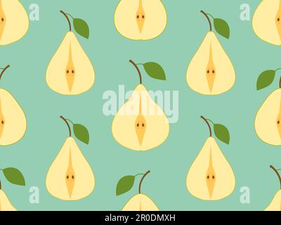 Seamless pattern with pear halves with one leaf. Pear cut in half. Design for printing on fabric, banners and promotional items. Vector illustration Stock Vector