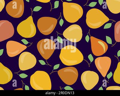 Pears seamless pattern. Fruit pear with one leaf on a black background. Design for printing on fabric, banners and promotional items. Vector illustrat Stock Vector