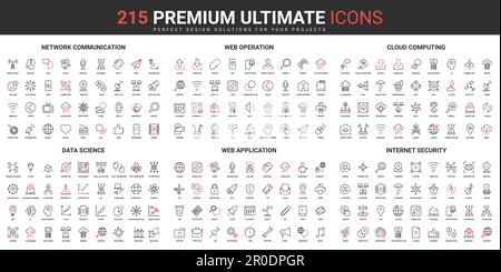 Web network communication, internet application security, science data thin line red black icons set vector illustration. Abstract symbols cloud computing operations, simple design mobile, web apps Stock Vector