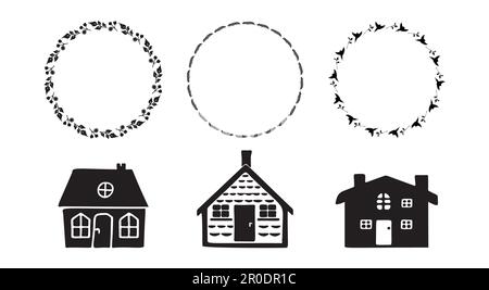 Set of quirky house illustrations with floral wreath vector motif. Group of domestic home objects for town collection. Stock Vector
