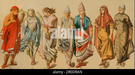 Etruscans. From left to right: 16- musician, 17 and 18- Etruscan dancer costumes, 19 and 20- Etruscan woman's cape, 21- Etruscan woman's cape with a sort of hood, 22- Etruscan woman's dress. Chromolithography. 'Historia Universal' by César Cantú. Volume II, 1881. Stock Photo