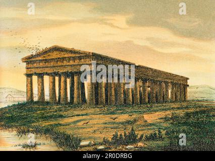 Magna Graecia (southern Italy). Temple of Neptune, in Paestum (Greek colony). Chromolithography. 'Historia Universal', by César Cantú. Volume II, 1881. Stock Photo