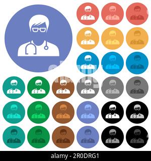 Medic with glasses avatar multi colored flat icons on round backgrounds. Included white, light and dark icon variations for hover and active status ef Stock Vector