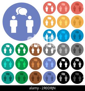 Two talking persons with oval bubbles solid multi colored flat icons on round backgrounds. Included white, light and dark icon variations for hover an Stock Vector
