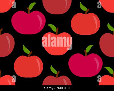 Seamless pattern with red apples on a black background. Red apple with one leaf. Design for printing on fabric, banners and promotional products. Vect Stock Vector