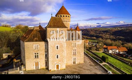 Aerial drone panoramic view of beauiful medieval castle Chateau de Montrottier, Rhone-Alpes, Savoie, France Stock Photo