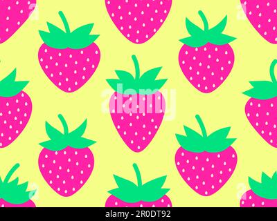Seamless pattern with pink strawberries on a yellow background. Red strawberries with seeds. Strawberry sweet berries. Design for posters, wrapping pa Stock Vector