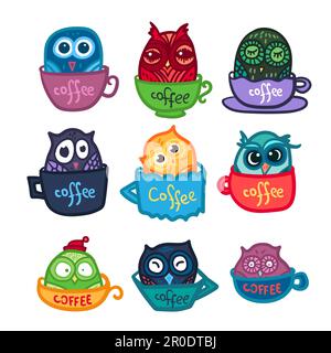 Hand  Drawn Funny Owl with Cups of Coffee. Owls set for print, fabric, wrap and illustration. Vector Stock Vector