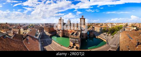 Ferrara - beautiful medieval town in Emilia Romagna Italy. aerial drone video of castle Estense in hostoric center Stock Photo