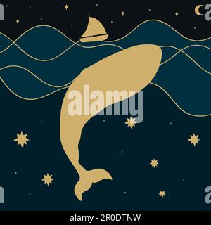 A whale and a boat in the night ocean. Minimalist background with midnight sky and ocean view and silhouettes of a ship and a whale. Vector art Stock Vector