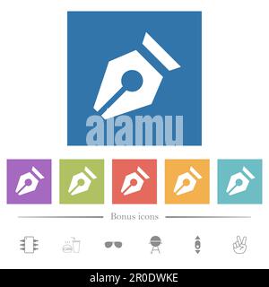 Nib solid flat white icons in square backgrounds. 6 bonus icons included. Stock Vector