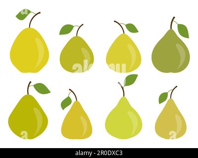 Pear set isolated on white background. Green pears with one leaf. Pears icon collection. Design for printing on fabric, banners and promotional items. Stock Vector