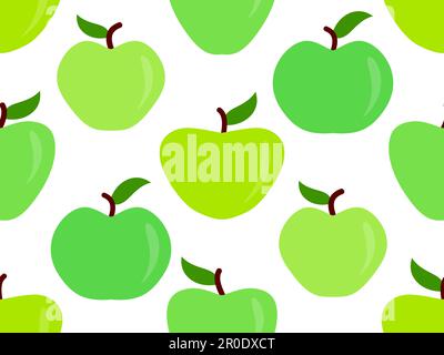 Seamless pattern with green apples on a white background. Green apple with one leaf. Design for printing on fabric, banners and promotional products. Stock Vector