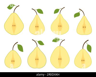 Pear set isolated on white background. Pear halves with one leaf. Cutaway pear icons collection. Design for printing on fabric, banners and promotiona Stock Vector