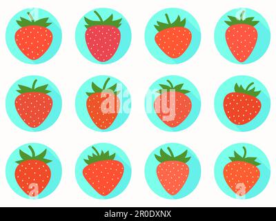 Strawberry icon set isolated on white background. Red strawberry with seeds in round icon. Sweet strawberries with green tips. Design for posters, ban Stock Vector
