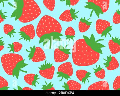 Seamless pattern with red strawberries on a blue background. Red strawberries with seeds. Sweet strawberries with green tips. Design for posters, wrap Stock Vector