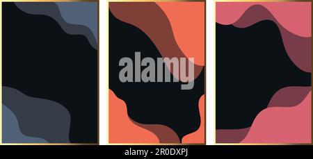 Set of abstract vector illustration with waves and gold frames. Abstract minimalist art Stock Vector