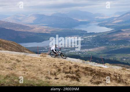 Fort William UCI World Cup track, Scotland, UK - with views of Fort William, Loch Linnhe and Loch Eil behind Stock Photo