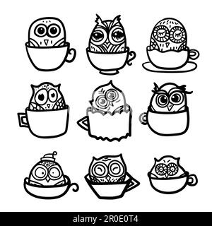 Hand  Drawn Funny Owl with Cups of Coffee. Owls set for print, fabric, wrap and illustration. Vector Stock Vector