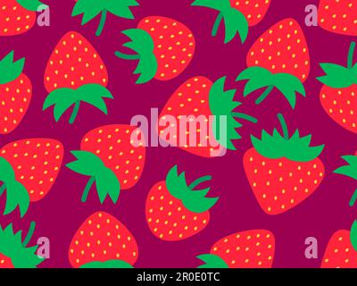 Red strawberries seamless pattern. Red strawberries with seeds. Sweet strawberries with green tips. Design for posters, wrapping paper and wallpapers. Stock Vector