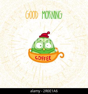 Hand  Drawn Funny Owl with Cup of Coffee. Owl with Good Morning poster for print, fabric, wrap and illustration. Vector Stock Vector