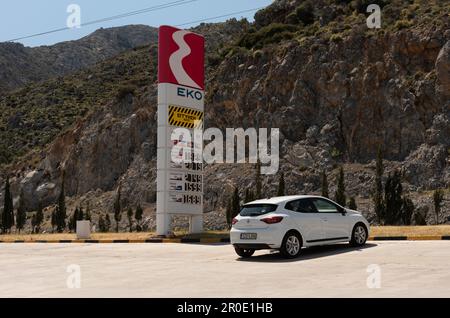 Eastern Crete, Greece, EU. 2023. Fuel prices on display at a filling station on a mountain road in Crete. Stock Photo
