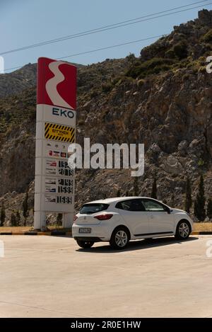 Eastern Crete, Greece, EU. 2023. Fuel prices on display at a filling station on a mountain road in Crete. Stock Photo