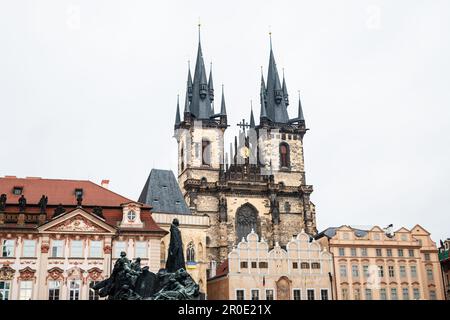 Low-angle view of the Church of Our Lady before Tyn in Prague against a cloudy sky. Stock Photo