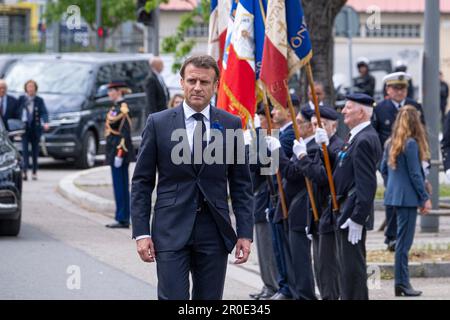 Lyon, France. 08th May, 2023. French president Emmanuel Macron pays tribute to Jean Moulin, the French Resistance and the victims of Nazi barbarism on Monday, May 8, 2023 at the National Memorial of the Montluc Prison . Lyon, France. Photo by Bony/Pool/ABACAPRESS.COM Credit: Abaca Press/Alamy Live News Stock Photo
