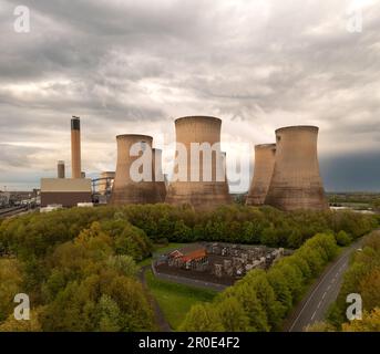 Aerial landscape view of a large power station with electricity generator sub station and transformer providing power to the national grid Stock Photo