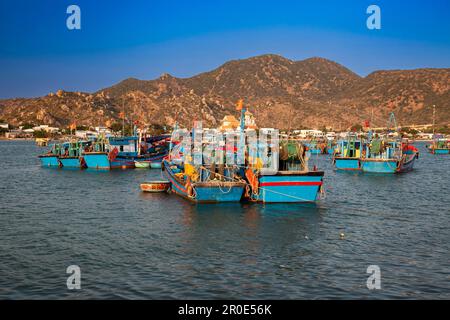 Fishing boats in the harbor of Phan Rang, Ninh Thuan province, Vietnam Stock Photo