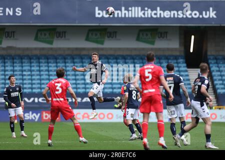 London, UK. 08th May, 2023. Jake Cooper of Millwall heads the ball during the EFL Sky Bet Championship match between Millwall and Blackburn Rovers at The Den, London, England on 8 May 2023. Photo by Joshua Smith. Editorial use only, license required for commercial use. No use in betting, games or a single club/league/player publications. Credit: UK Sports Pics Ltd/Alamy Live News Stock Photo