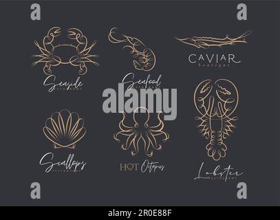 Filigree swirl sea and ocean creatures crab, shrimp, sturgeon, shell, octopus, lobster labels with lettering drawing on black background Stock Vector