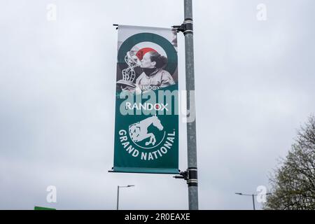 Sign advertising the Randox Grand National 2023 in Aintree. Stock Photo