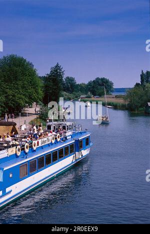 Pleasure boat near Plau am See, Mecklenburgian Lake District, Mecklenburg-Western Pomerania, Germany Stock Photo