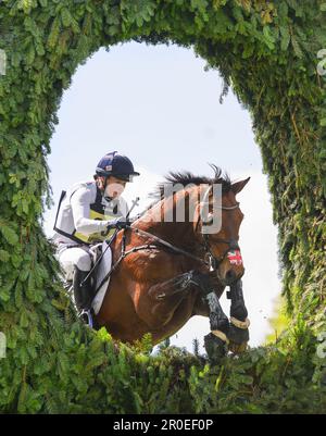 Badminton, UK. 07th May, 2023. 07 May 2023 - Badminton Horse Trials - Cross-Country Test - Badminton - Gloucestershire Bubby Upton riding Cola during the Cross-Country Test at the Badminton Horse Trials. Picture Credit: Mark Pain/Alamy Live News Stock Photo