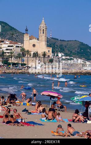 Beach Sitges Spain, Platja de la Fragata, Fragata Beach, St. Bartomeu I Santa Tecla church, Sitges, Costa de Garraf, Spain Stock Photo