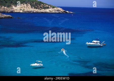 Boats in the bay Cala Xarraca, Portinatx, Ibiza, Balearic Islands, Spain Stock Photo