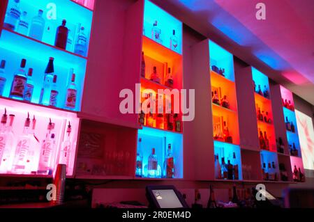 Illuminated glass rack at the BED a Restaurant, Lounge and Nightclub, South Beach, Miami, Florida, USA, America Stock Photo